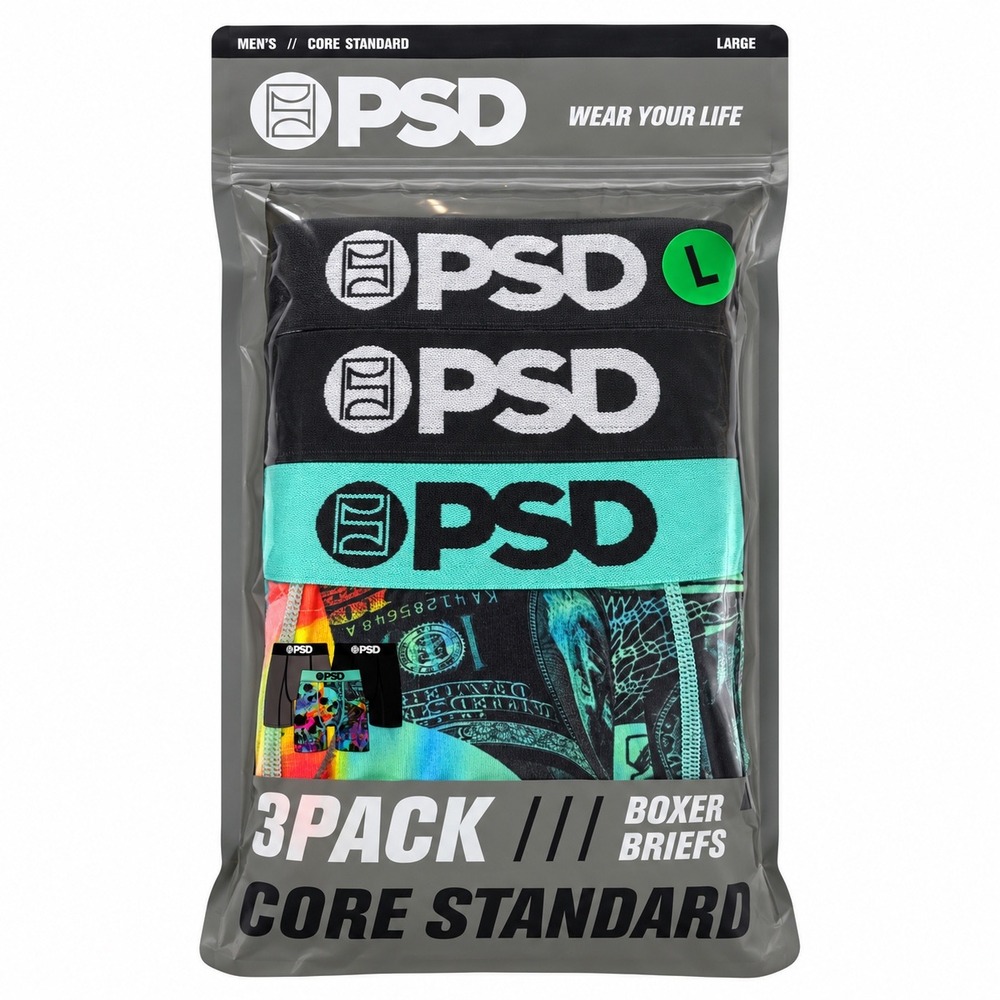 PSD Mens 3-Pack Boxer Briefs Core Standard Skull Money Black Teal Large